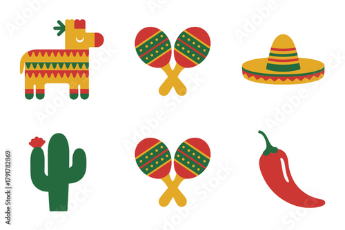 Detailed flat vector icons for fiesta, showing pinata, maracas, chili, representing festive celebration and cultural items,