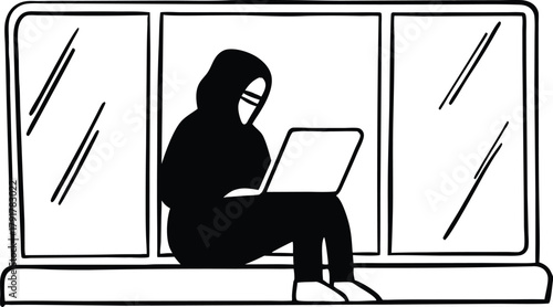 Hacker seated with tablet silhouette isolated on transparent background