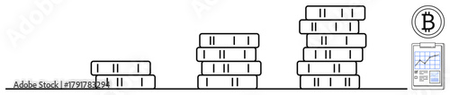 Stacks of coins growing in size, Bitcoin icon, and financial chart represent cryptocurrency growth, investment, savings, profit, finance, blockchain and future technology. Ideal for economic
