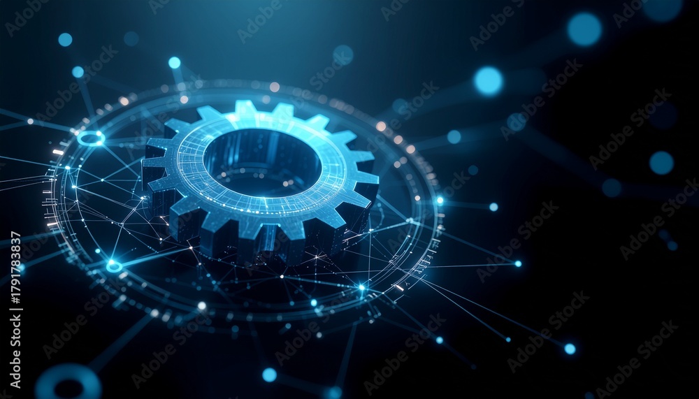 Fototapeta premium An abstract depiction of a cogwheel surrounded by interconnected lights, representing technological advancements and connectivity