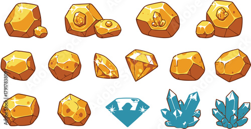 Assortment of cartoon gold nuggets and blue diamond on white