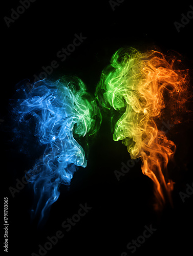 Vivid multicolor smoke clouds and fire effects with red, blue, green, orange hues on dark background, elegant gradient motion concept for creative design layout