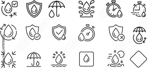 Waterproof Protection and Water Resistance Icons Set – Outline Vector Pack of Droplet, Shield, Stopwatch, and Umbrella Symbols for Waterproofing, Hydration, and Liquid Safety Concepts