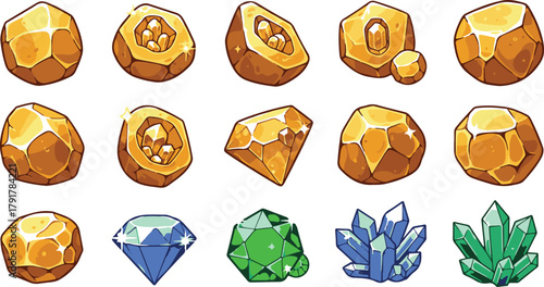 Collection of cartoon gemstones and crystals on white background