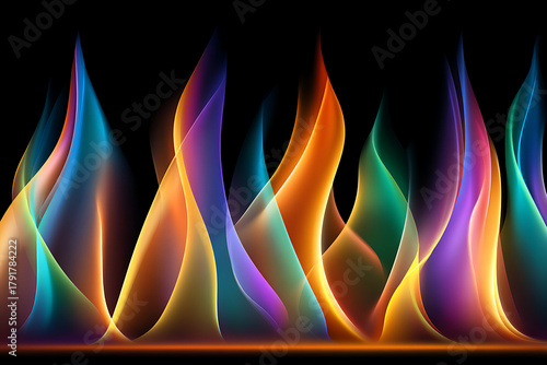 Vivid multicolor smoke clouds and fire effects with red, blue, green, orange hues on dark background, elegant gradient motion concept for creative design layout
