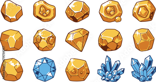 Collection of cartoon gold gems and blue crystal clusters on white