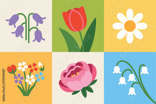 Flat vector icons for garden, featuring tulips, daisies, bells, representing colorful blooms and natural decoration,