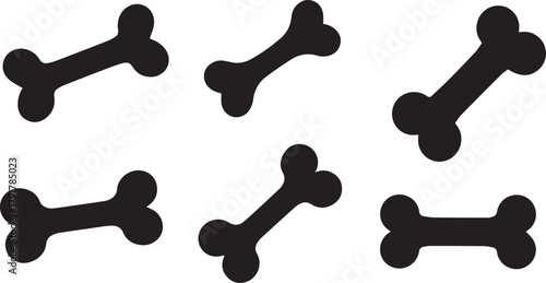 Six Black Bone Shapes In Two Rows On White Background Keywords: bone, dog, icon, set, graphic