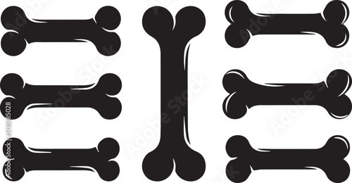 Seven Black Bone Shapes With Outline Detail On White Background Keywords: bone, dog, icon, set