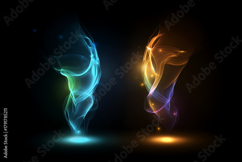 Abstract colorful smoke waves and fiery textures in red, blue, green, and orange shades floating on dark and white backgrounds with copy space for modern artwork