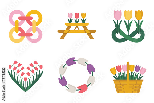 Flat vector icons for national symbol, featuring tulips, picnic, knot, representing Dutch culture and spring flowers,