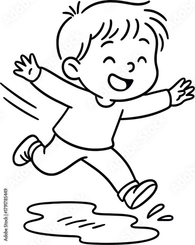 Joyful child happily jumps through puddle cartoon