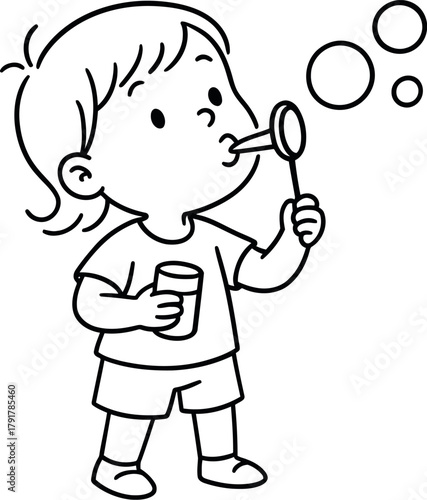 Adorable cartoon child blowing bubbles with joyful expression