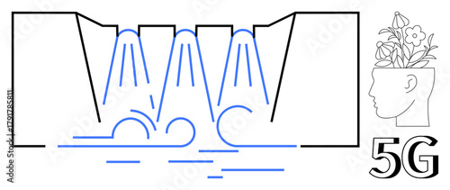 Minimalistic sketch of waterfalls, a head with plants for growth, and 5G text for technology. Ideal for innovation, connectivity, environmental themes, inspiration, growth, technology simple flat