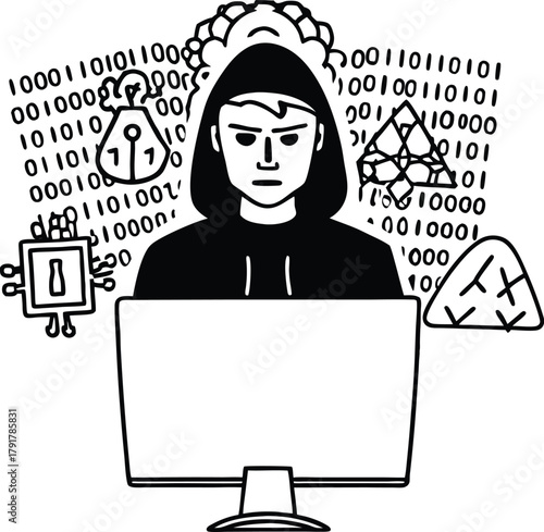 Hacker working on ai data silhouette isolated on transparent background