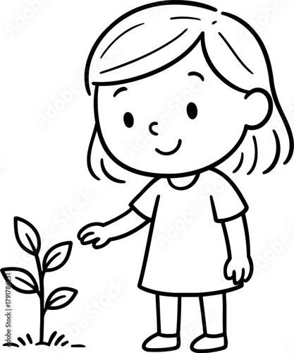 Young girl tending to a small sprouting plant in a garden