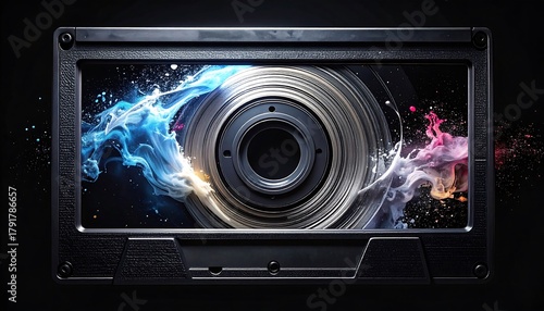 A close-up view of a dark rectangular frame showcasing a central, metallic object surrounded by colorful, swirling smoke effects against a black backdrop