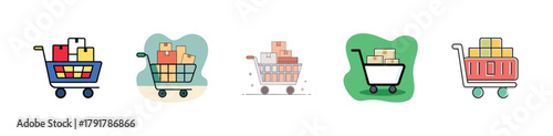Set of shopping carts filled with various boxes and packages, representing bulk purchasing, inventory, and logistics