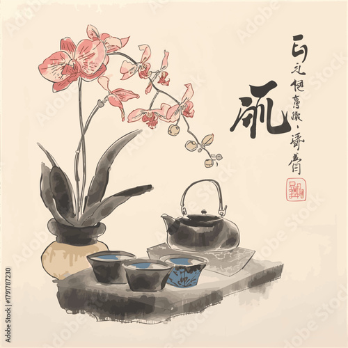 Ink wash painting with orchid flowers, teapot and cups. Traditional tea ceremony scene. Oriental ink painting sumi-e, u-sin, go-hua. Translation of hieroglyph - tea.
