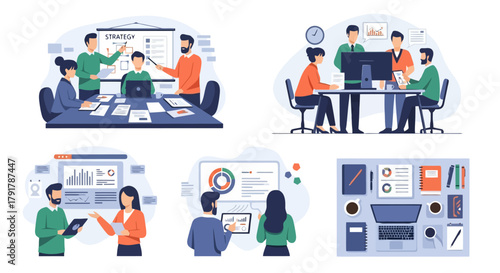 Diverse Business Meeting and Collaboration Set Office Scenarios Strategy Analytics Teamwork Productivity Concepts