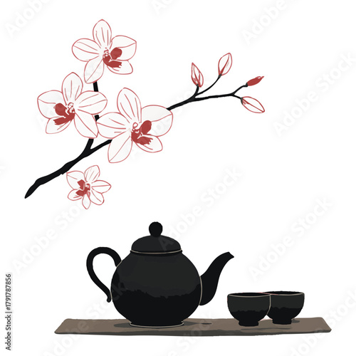 Ink wash painting with orchid flowers, teapot and cups. Traditional tea ceremony scene. Oriental ink painting sumi-e, u-sin, go-hua. Translation of hieroglyph - tea.
