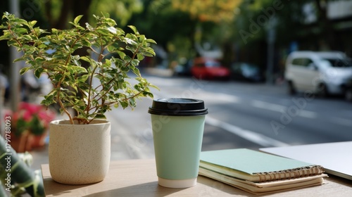 Fototapeta Naklejka Na Ścianę i Meble -  Coffee cup and a small plant on a wooden table with notebook and blurred street in the background