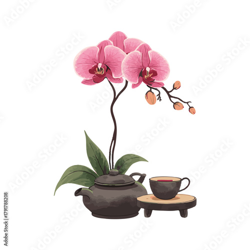 Ink wash painting with orchid flowers, teapot and cups. Traditional tea ceremony scene. Oriental ink painting sumi-e, u-sin, go-hua. Translation of hieroglyph - tea.
