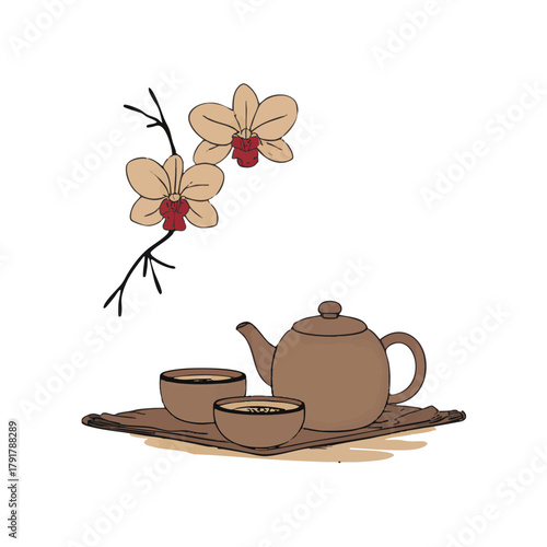 Ink wash painting with orchid flowers, teapot and cups. Traditional tea ceremony scene. Oriental ink painting sumi-e, u-sin, go-hua. Translation of hieroglyph - tea.