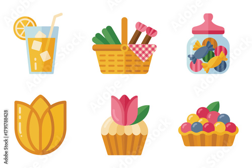 Detailed flat vector icons for summer outing, showing cupcake, drinks, berries, representing sweet food and festive party,