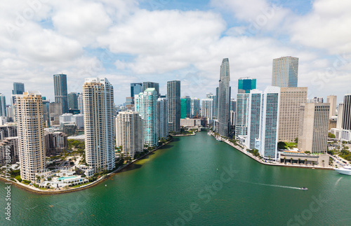 Aerial view of Brickell skyline in downtown Miami. Skyscrapers above Miami. Scenic panorama of Brickell financial district. Brickell in Miami city.