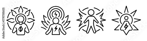 Radiant human energy and spiritual power line icon set design