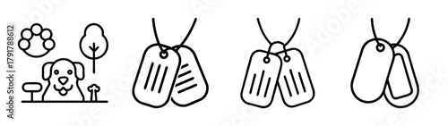 Pet care and dog tag outline vector icons set for animal services