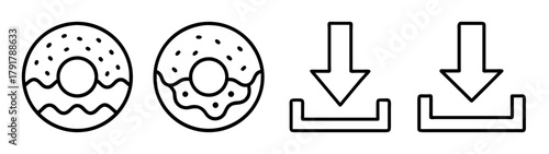 Outline vector icon set with sweet donuts and download signs