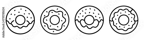 Variety of glazed donut outline vector icons, dessert food set