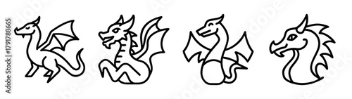 Simple outline cartoon dragons illustration icons vector art set
