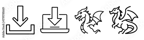 Download and dragon line art icons: technology and fantasy symbols
