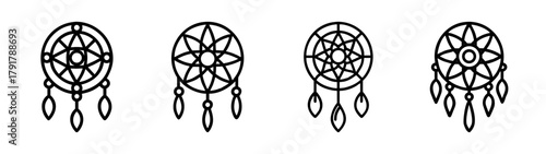 Set of four outline style dreamcatcher icons, vector graphic