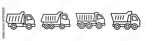 Outline dump truck icons vector collection for construction projects.