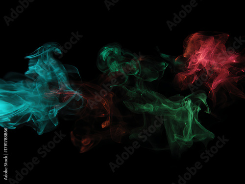 Colorful smoke and fire flames isolated on black and white backgrounds with red, blue, green, and orange tones, abstract wisps of color in air with space for text design