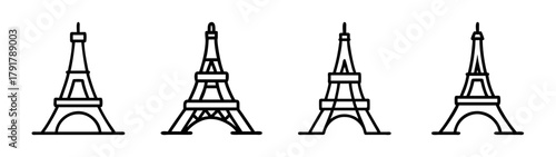 Eiffel tower line art icons set; paris landmark outline symbols