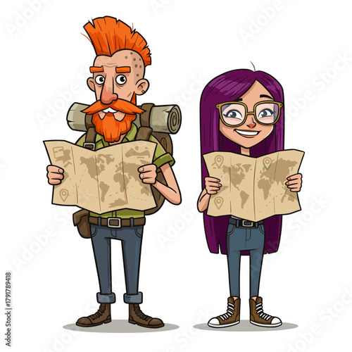 Cartoon couple, hipster travelers with map, backpack, and purple hair, planning an adventure.