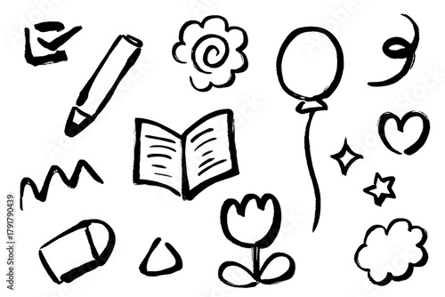 雑貨やあしらいのモチーフを筆タッチで描いた手描きイラストセット