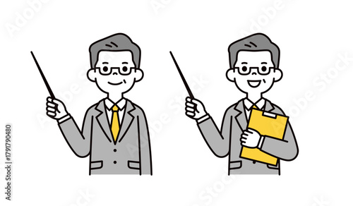 指し棒を持って説明する、スーツを着た中高年の男性の上半身ベクターイラスト素材セット