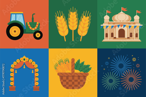 Flat vector icons for agriculture, featuring tractor, wheat, monument, representing farming and bountiful harvest,
