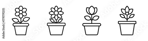 Potted flowers and plants line icon set for nature and growth.