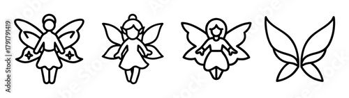 Fairy line art icons set. magical fantasy characters and wings