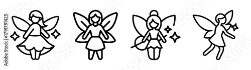 Charming outline fairy icon set with magic wands and pixie wings