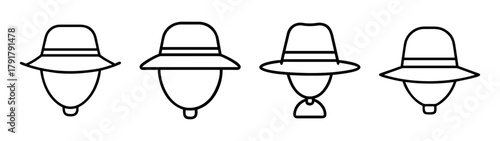 Collection of outline vector icons: stylized heads wearing hats