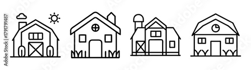 Rural farm building icon set: line art barns and country houses