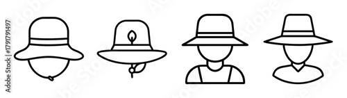 Gardener and farmer hats icon set with people wearing sunhats